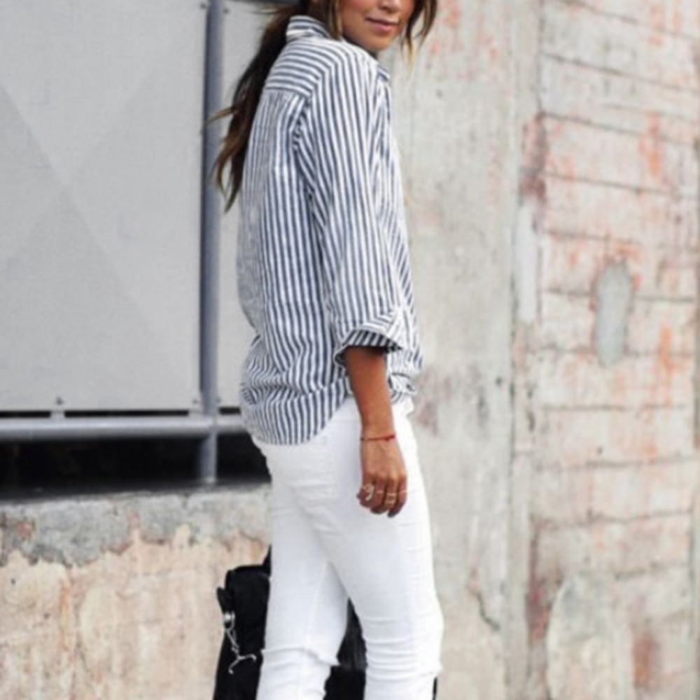 Large Button Down Long Sleeved Stripped Blouse
